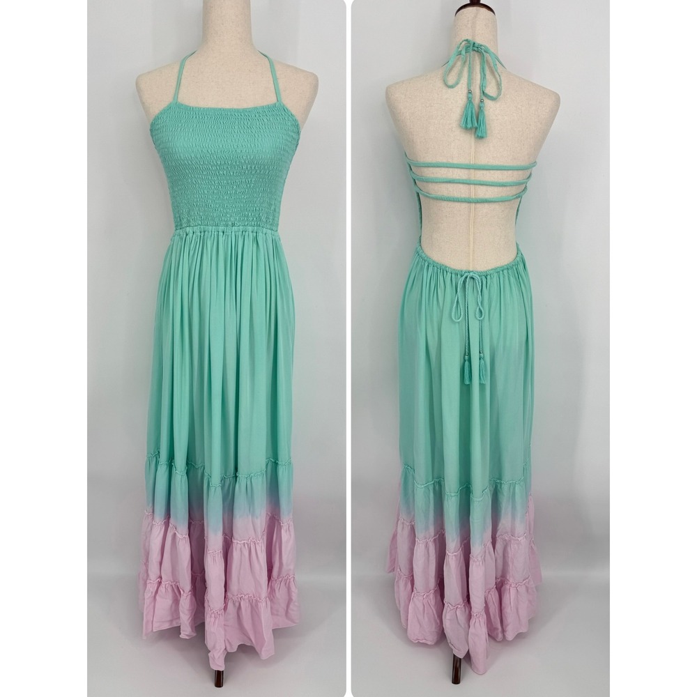 Tiare Hawaii Naia Maxi Dress O/S Aqua Pink Ombre Boho Beach Halter Backless